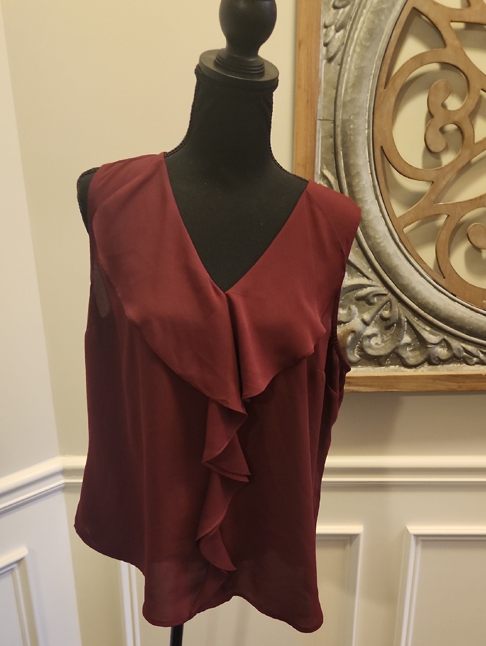 White House Black Market Burgundy Ruffle V-Neck Sleeveless Blouse